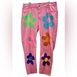 RARE New Dolls Kill Zig Zag Pink Flower Power Mom Jeans Size 1X